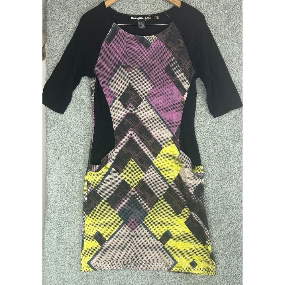 Desigual Midi Dress‎ Women M Geometric Print Black Purple Yellow Artsy Workwear